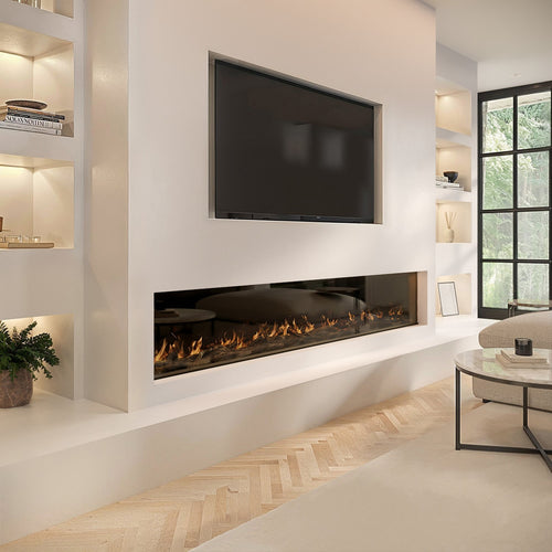 Black 3-Sided Inset Electric Media Wall Smart Fire Place - 80 Inch - AmberGlo